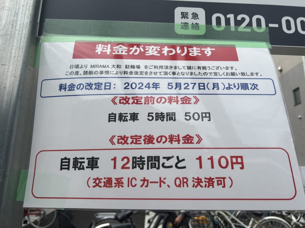 MIRAMA大和駐輪場の料金のお知らせ